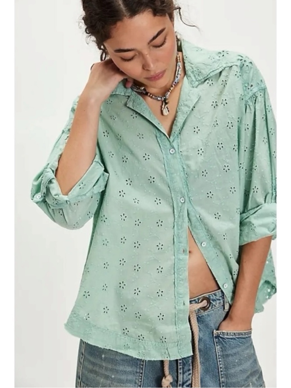 Free People Dainty Ethereal Cottage Mae Washed Eyelet Shirt Faded Green Medium